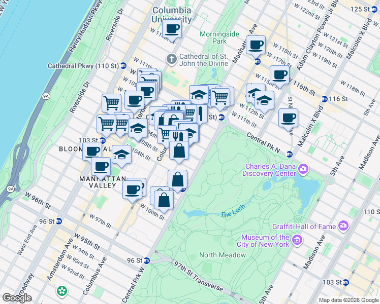 map of restaurants, bars, coffee shops, grocery stores, and more near 461 Central Park West in New York