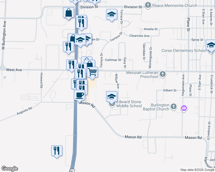 map of restaurants, bars, coffee shops, grocery stores, and more near 2917 Garden Avenue in Burlington