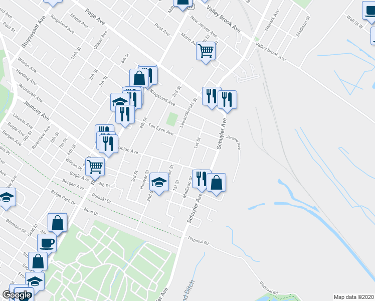 map of restaurants, bars, coffee shops, grocery stores, and more near 717 1st Street in Lyndhurst