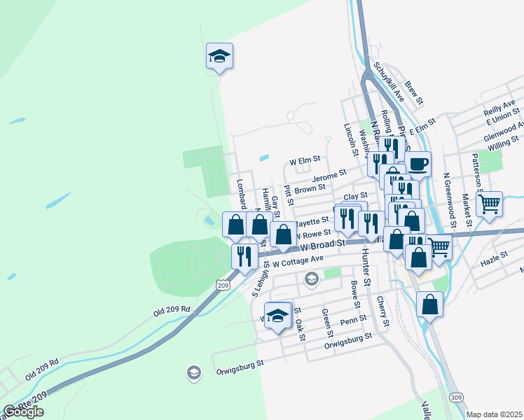 map of restaurants, bars, coffee shops, grocery stores, and more near 225 North Lehigh Street in Tamaqua