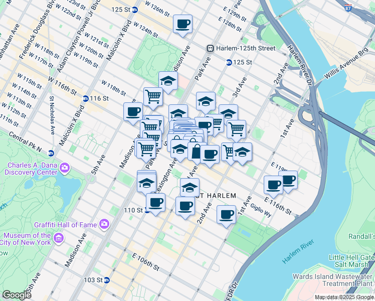 map of restaurants, bars, coffee shops, grocery stores, and more near 159 East 116th Street in New York