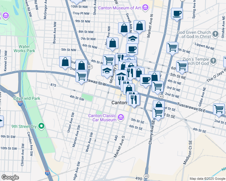 map of restaurants, bars, coffee shops, grocery stores, and more near 400 Tuscarawas Street West in Canton