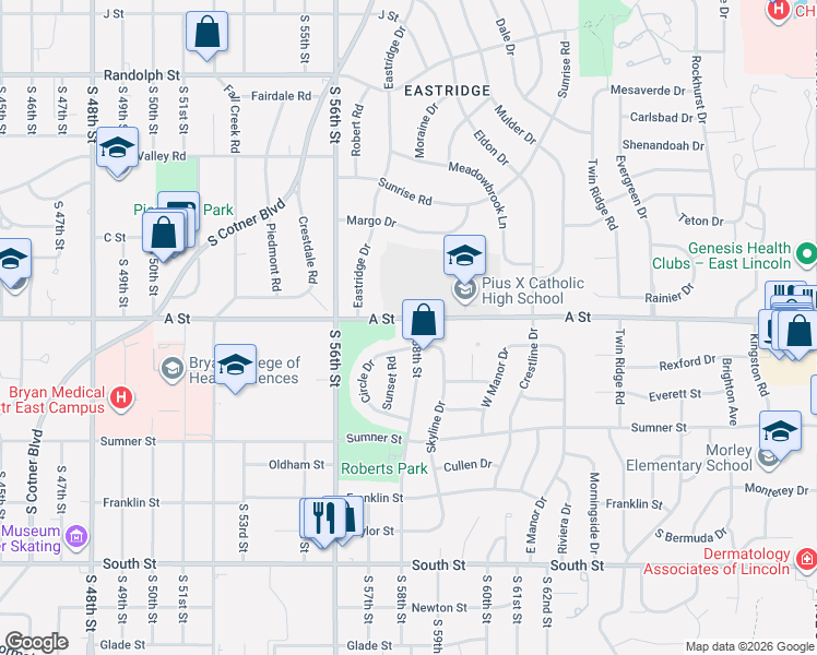 map of restaurants, bars, coffee shops, grocery stores, and more near 5731 A Street in Lincoln