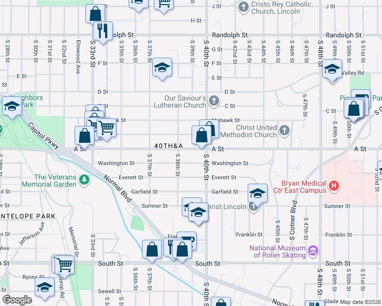 map of restaurants, bars, coffee shops, grocery stores, and more near 3845 A Street in Lincoln