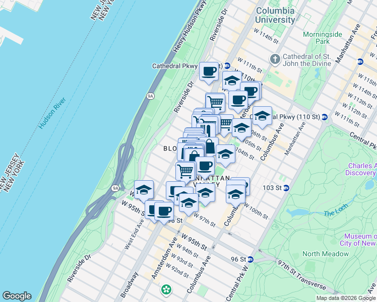 map of restaurants, bars, coffee shops, grocery stores, and more near 248 West 102nd Street in New York