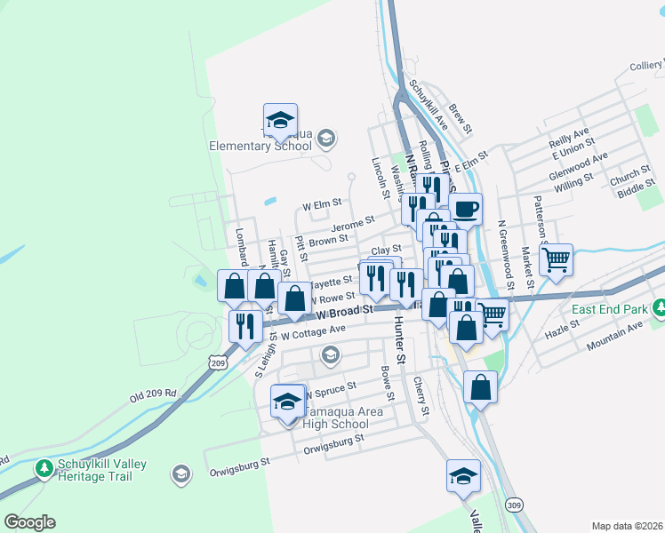 map of restaurants, bars, coffee shops, grocery stores, and more near 247 Franklin Street in Tamaqua