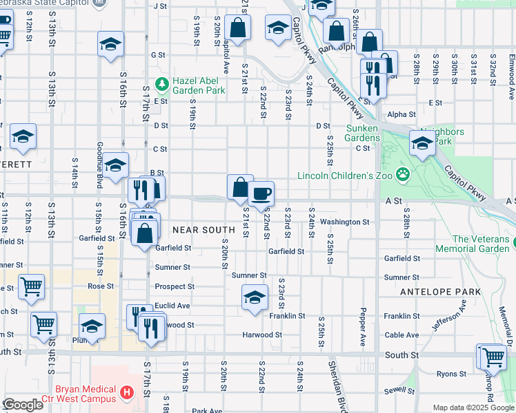 map of restaurants, bars, coffee shops, grocery stores, and more near 2125 A Street in Lincoln