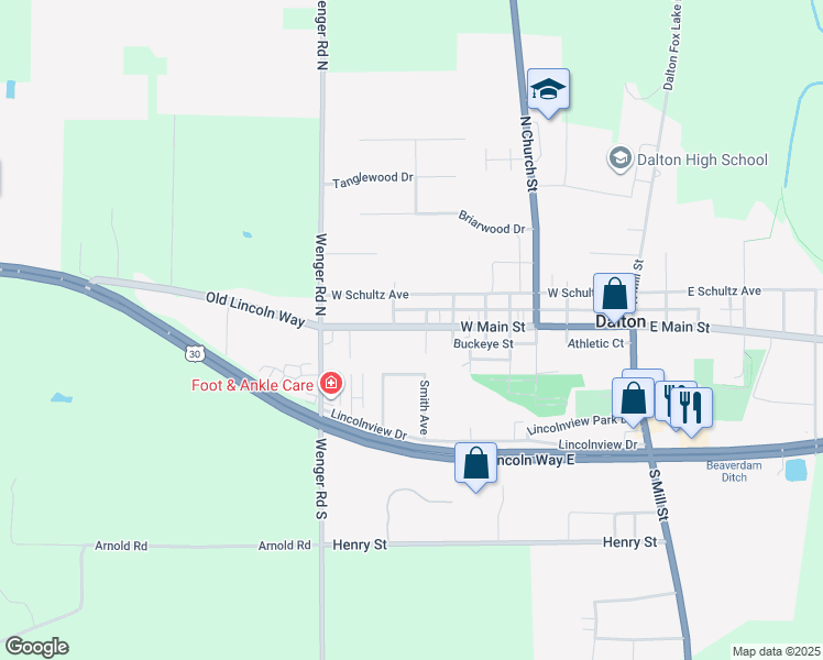 map of restaurants, bars, coffee shops, grocery stores, and more near 513 W Main St in Dalton