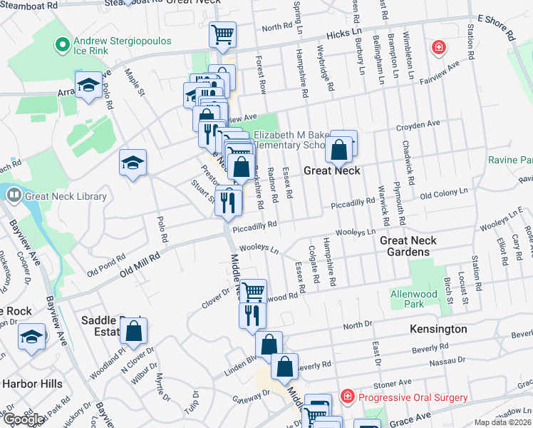 map of restaurants, bars, coffee shops, grocery stores, and more near 45 Berkshire Road in Great Neck
