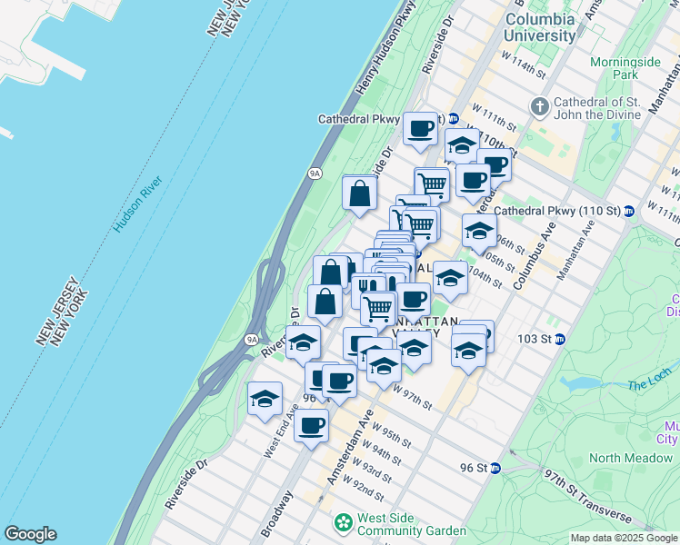 map of restaurants, bars, coffee shops, grocery stores, and more near 328 West 101st Street in New York