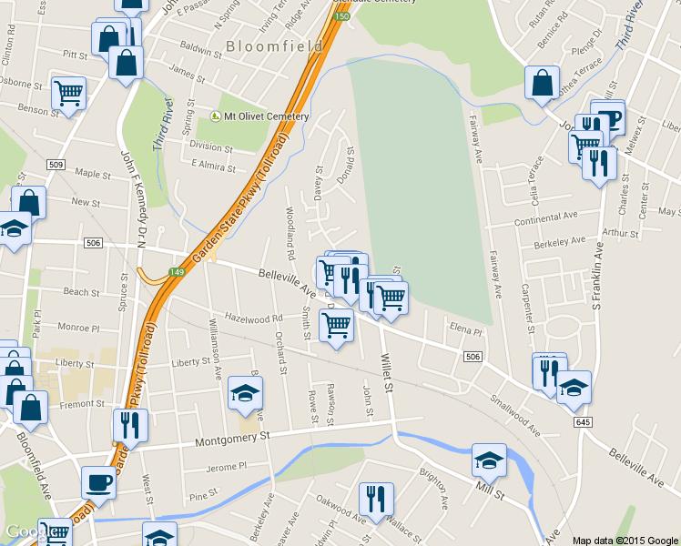 map of restaurants, bars, coffee shops, grocery stores, and more near 117 Davey Street in Bloomfield