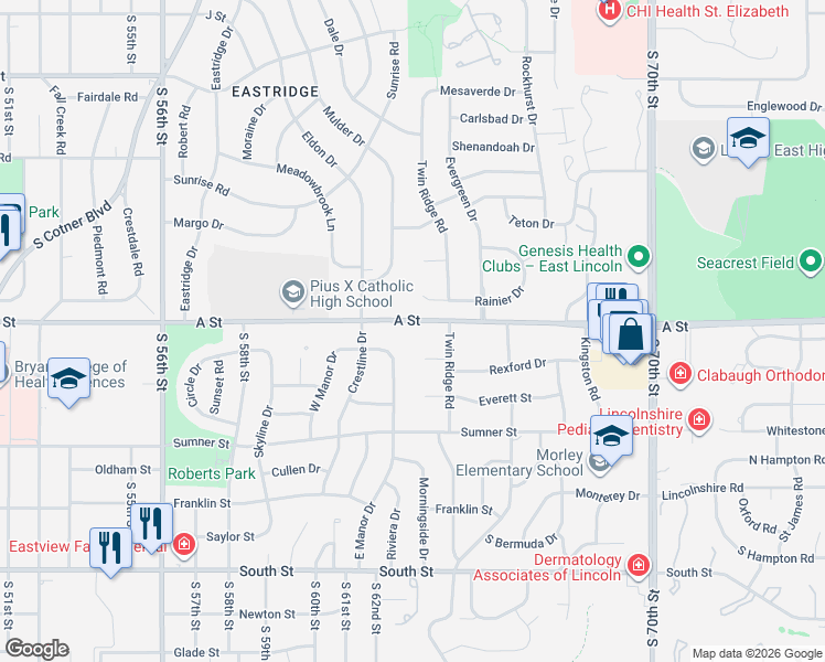 map of restaurants, bars, coffee shops, grocery stores, and more near 6301 A Street in Lincoln