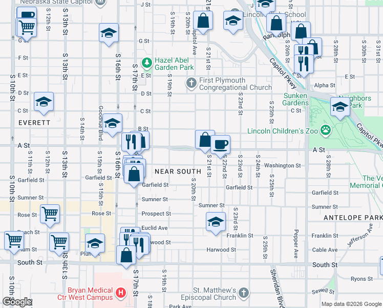 map of restaurants, bars, coffee shops, grocery stores, and more near 1418 South 20th Street in Lincoln