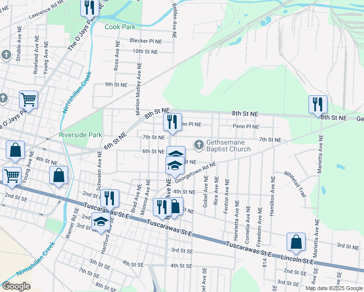 map of restaurants, bars, coffee shops, grocery stores, and more near 2129 6th Street Northeast in Canton