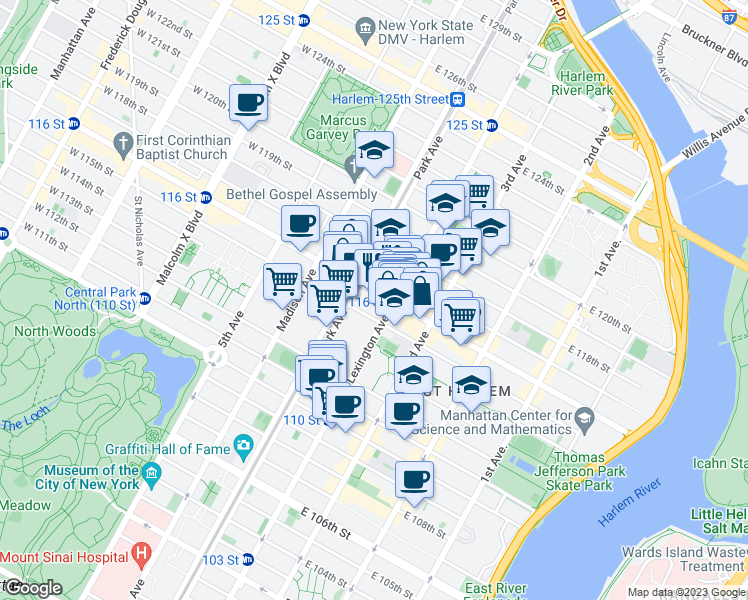map of restaurants, bars, coffee shops, grocery stores, and more near 118 East 116th Street in New York