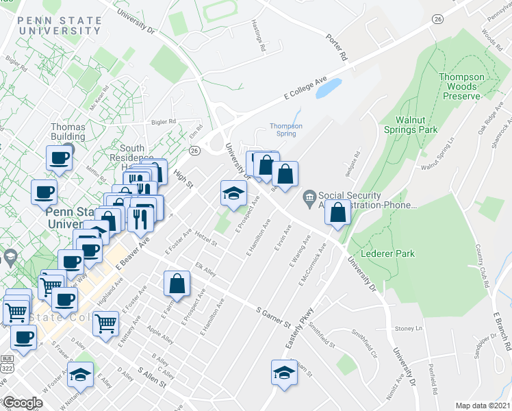 map of restaurants, bars, coffee shops, grocery stores, and more near 660 East Prospect Avenue in State College