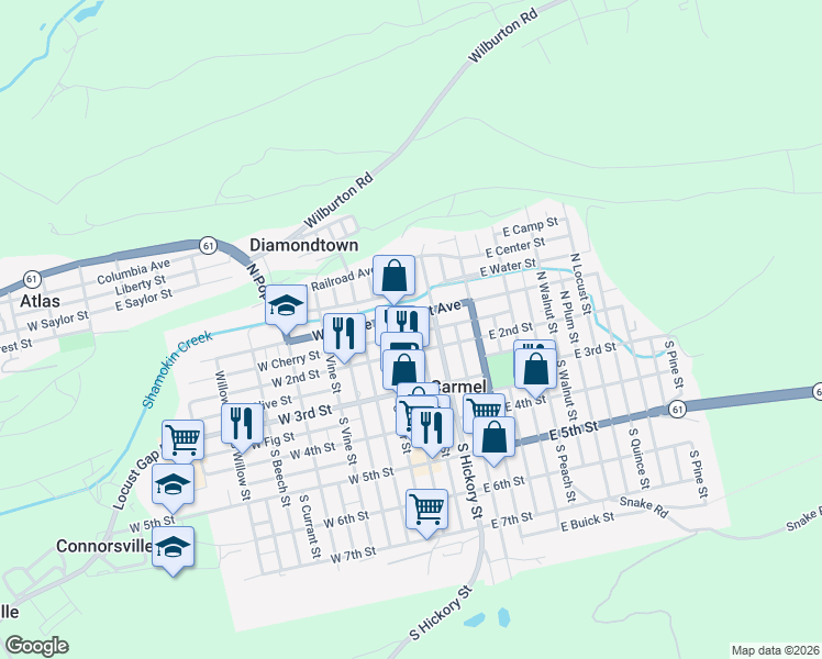 map of restaurants, bars, coffee shops, grocery stores, and more near 101-199 North Apple Street in Mount Carmel