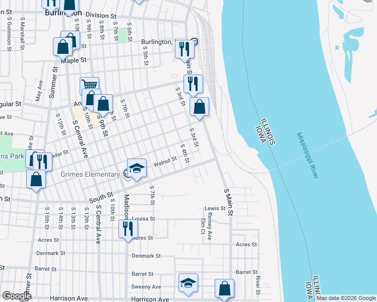 map of restaurants, bars, coffee shops, grocery stores, and more near 1020 S 4th St in Burlington