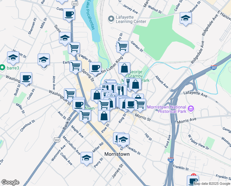 map of restaurants, bars, coffee shops, grocery stores, and more near 17 Spring Place in Morristown
