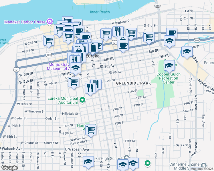 map of restaurants, bars, coffee shops, grocery stores, and more near 936 J Street in Eureka