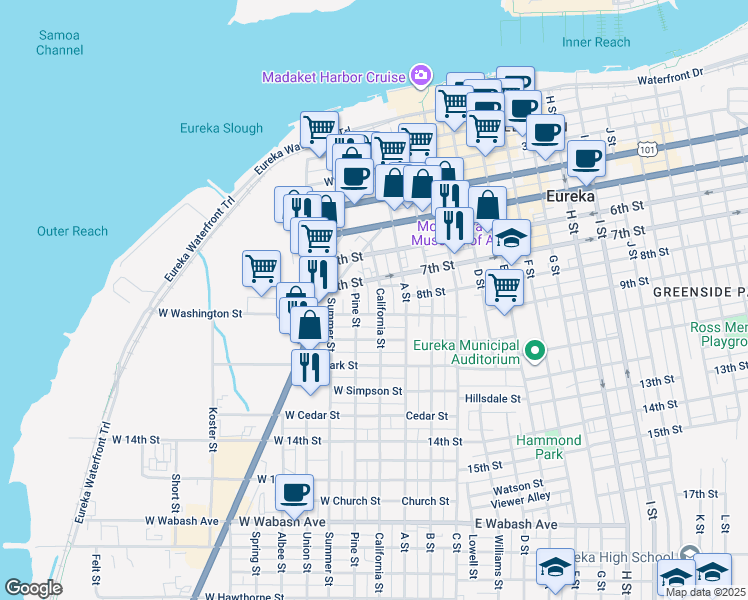 map of restaurants, bars, coffee shops, grocery stores, and more near 815 California Street in Eureka