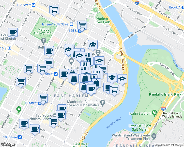 map of restaurants, bars, coffee shops, grocery stores, and more near 333 East 119th Street in New York