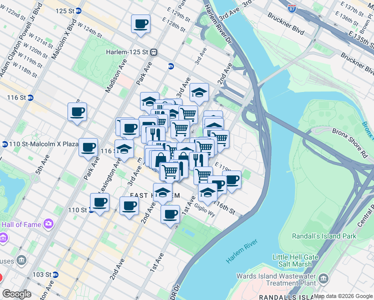 map of restaurants, bars, coffee shops, grocery stores, and more near in New York