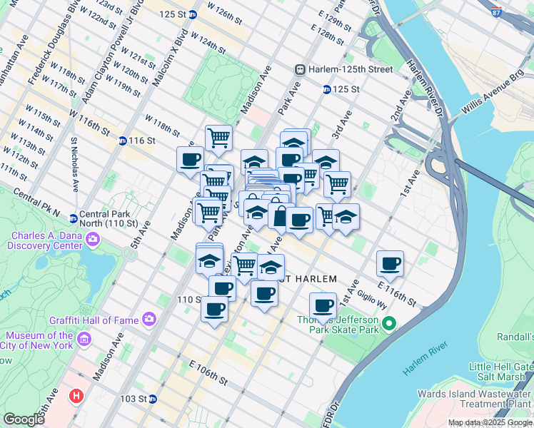 map of restaurants, bars, coffee shops, grocery stores, and more near in New York