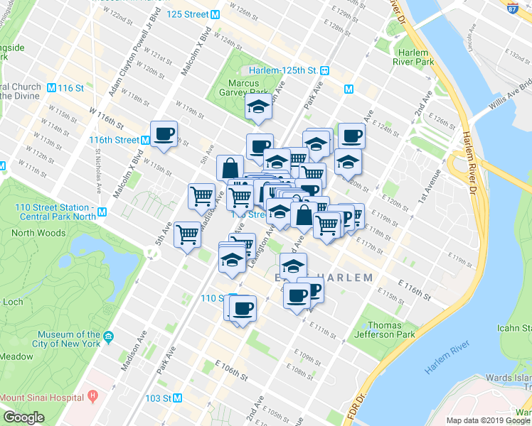 map of restaurants, bars, coffee shops, grocery stores, and more near 109 East 116th Street in New York