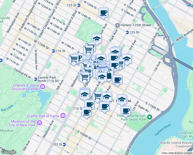 map of restaurants, bars, coffee shops, grocery stores, and more near 109 East 116th Street in New York
