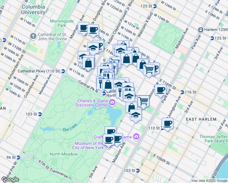 map of restaurants, bars, coffee shops, grocery stores, and more near 52 West 111th Street in New York