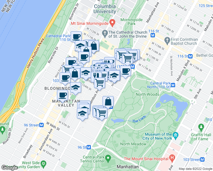 map of restaurants, bars, coffee shops, grocery stores, and more near 143-147 West 106th Street in New York