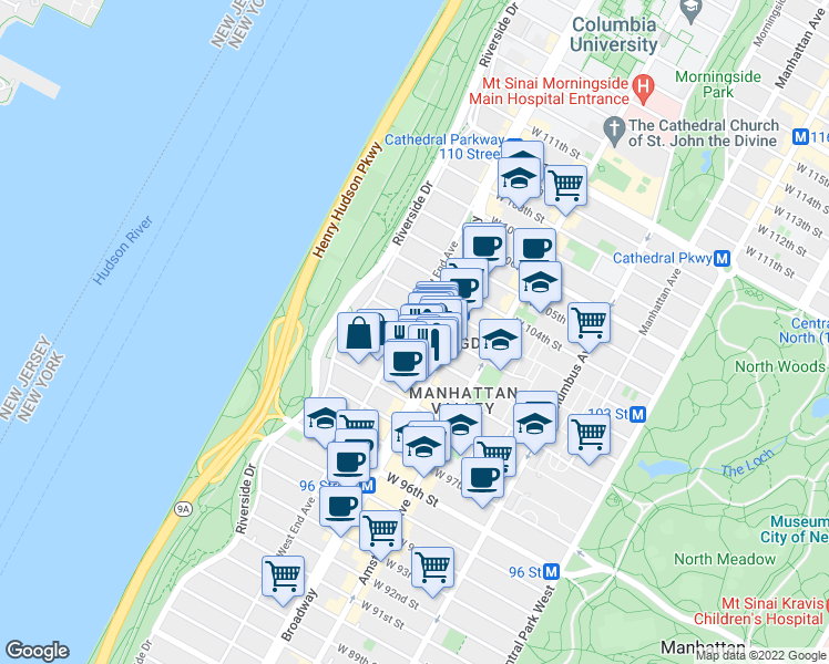 map of restaurants, bars, coffee shops, grocery stores, and more near 845 West End Avenue in New York