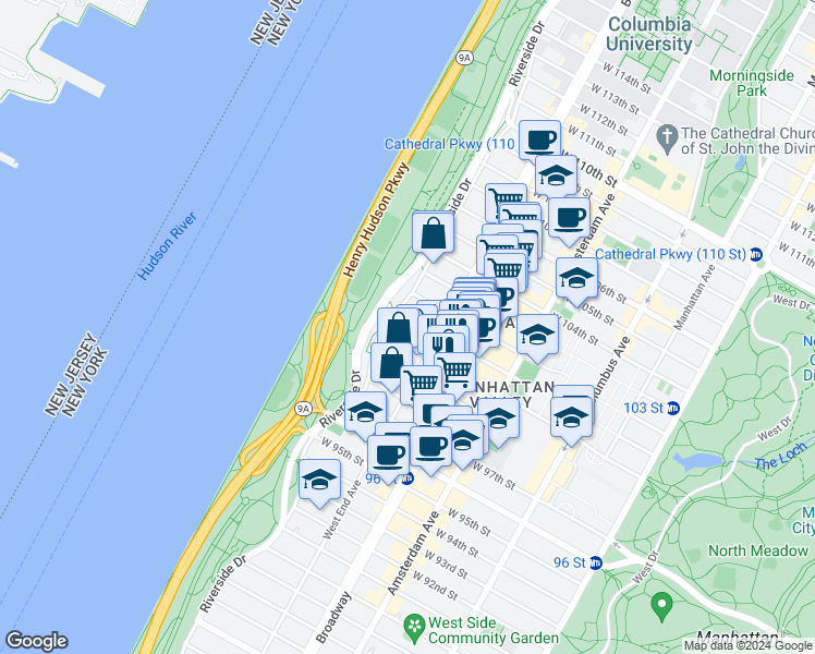 map of restaurants, bars, coffee shops, grocery stores, and more near 325 West 100th Street in New York