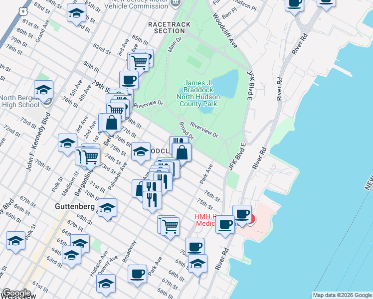 map of restaurants, bars, coffee shops, grocery stores, and more near 141 79th Street in North Bergen