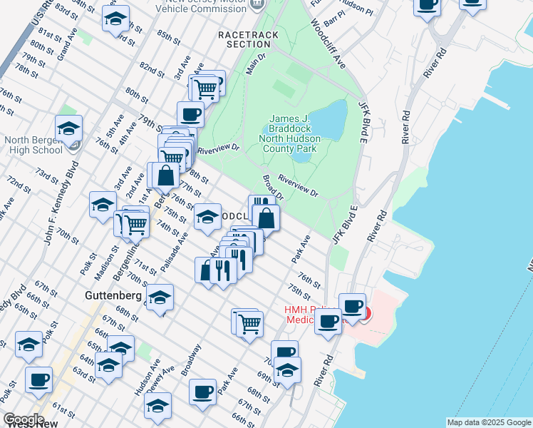 map of restaurants, bars, coffee shops, grocery stores, and more near 217 78th Street in North Bergen