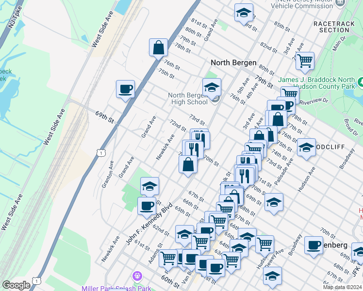 map of restaurants, bars, coffee shops, grocery stores, and more near 7021 Smith Avenue in North Bergen