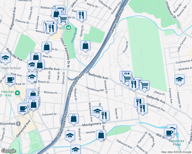 map of restaurants, bars, coffee shops, grocery stores, and more near 33 Clarendon Place in Bloomfield