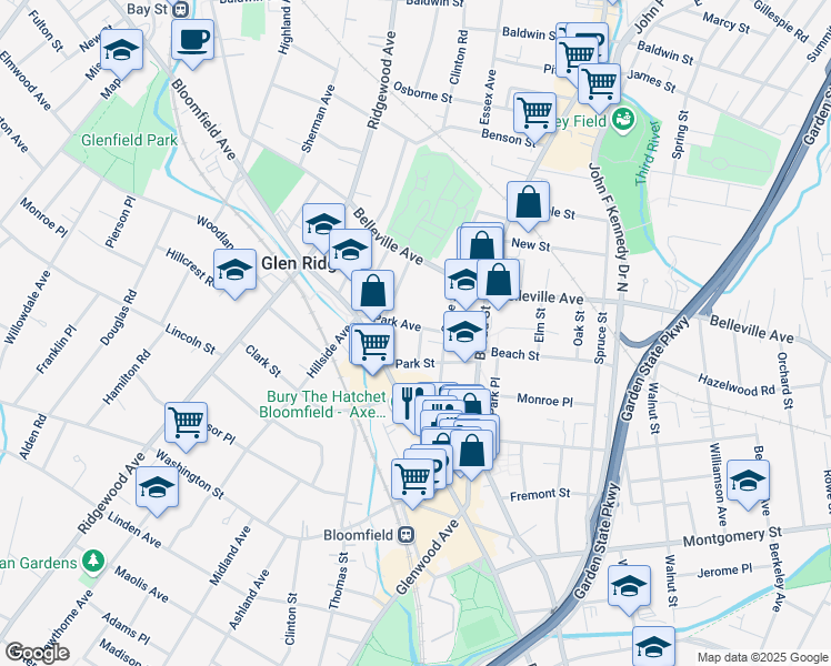 map of restaurants, bars, coffee shops, grocery stores, and more near 38 Park Avenue in Bloomfield