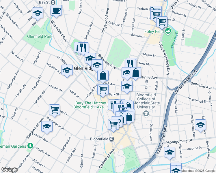 map of restaurants, bars, coffee shops, grocery stores, and more near 68-70 Park Avenue in Bloomfield