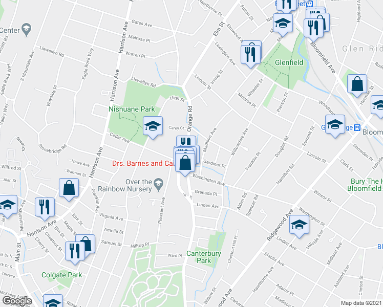 map of restaurants, bars, coffee shops, grocery stores, and more near 301 Orange Road in Montclair