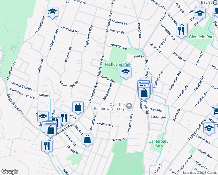 map of restaurants, bars, coffee shops, grocery stores, and more near 17 Nishuane Road in Montclair