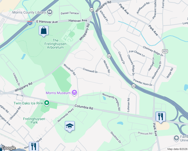 map of restaurants, bars, coffee shops, grocery stores, and more near 14 Oak Park Drive in Morristown