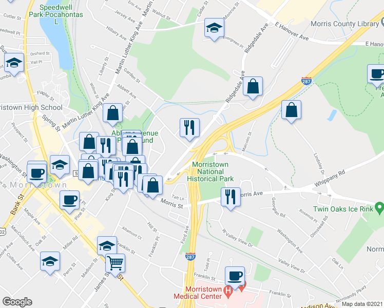 map of restaurants, bars, coffee shops, grocery stores, and more near 53 Ridgedale Avenue in Morristown