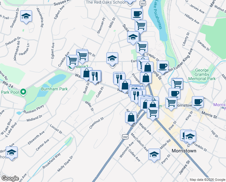 map of restaurants, bars, coffee shops, grocery stores, and more near 19 Phoenix Avenue in Morristown