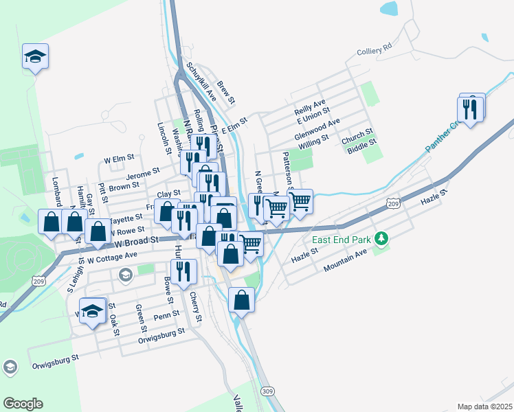map of restaurants, bars, coffee shops, grocery stores, and more near 33 North Greenwood Street in Tamaqua