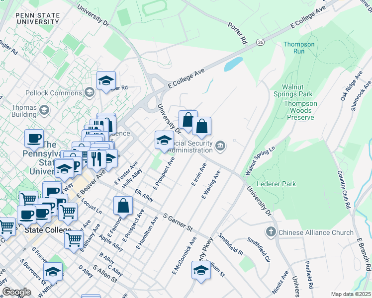 map of restaurants, bars, coffee shops, grocery stores, and more near 660 East Prospect Avenue in State College