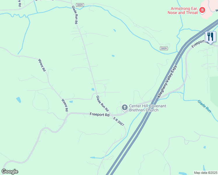 map of restaurants, bars, coffee shops, grocery stores, and more near 630 Glade Run Road in Kittanning