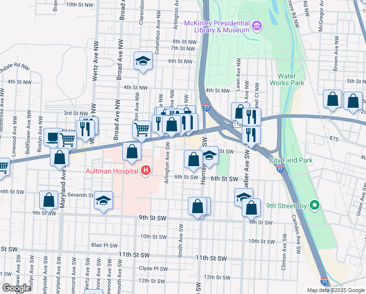 map of restaurants, bars, coffee shops, grocery stores, and more near 2228 2nd Street Southwest in Canton