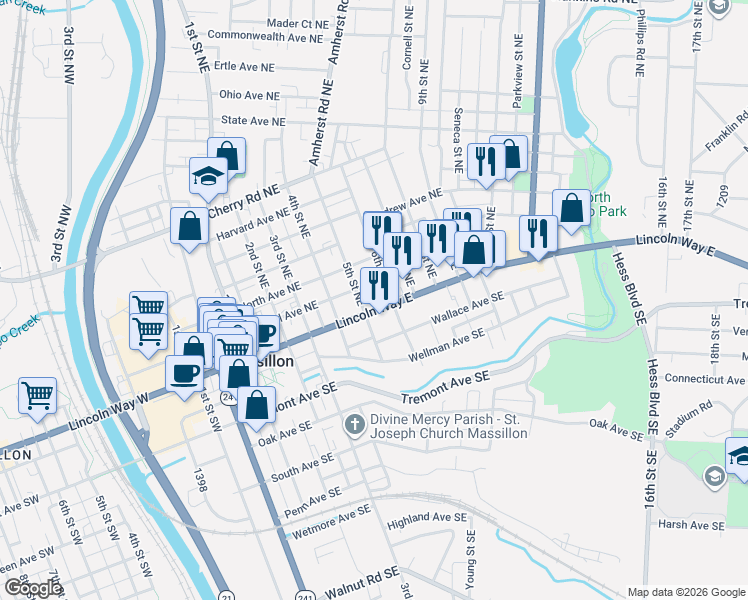 map of restaurants, bars, coffee shops, grocery stores, and more near 524 Lincoln Way East in Massillon